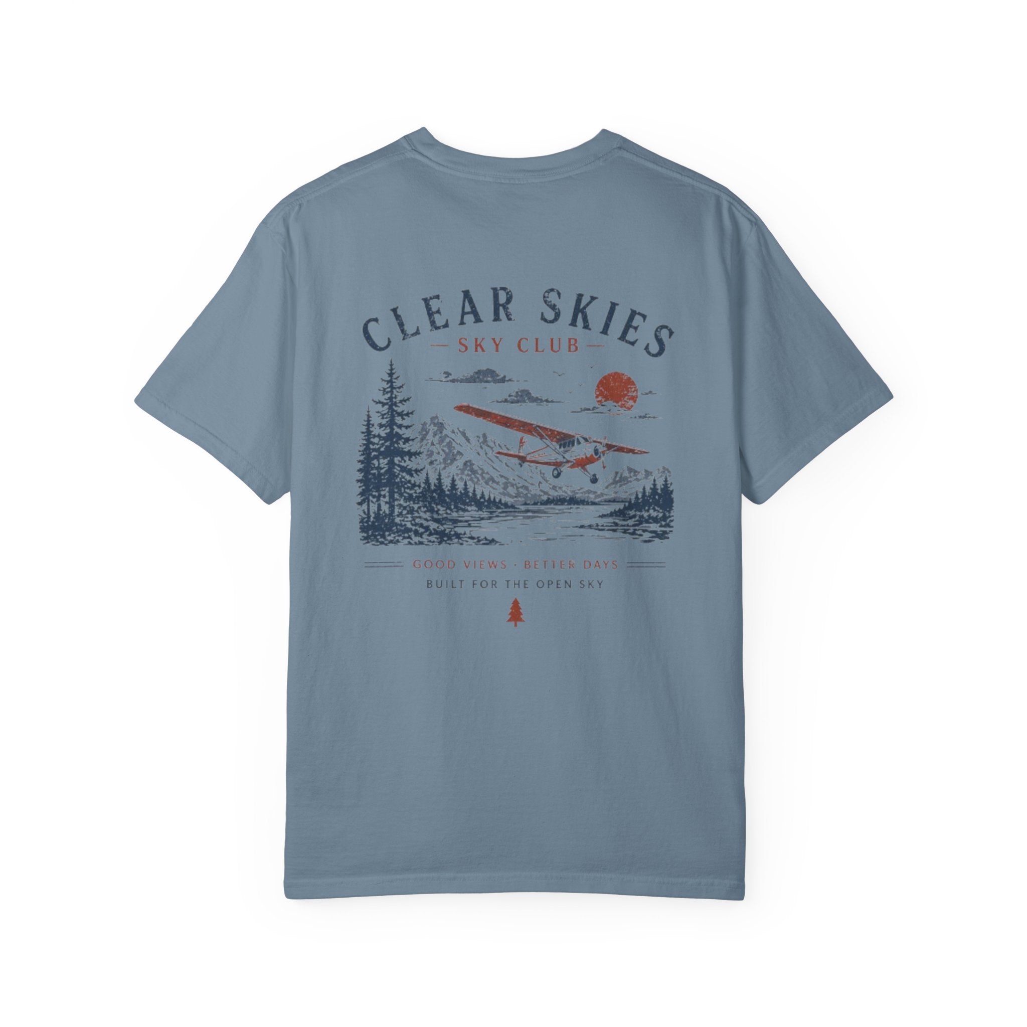 Clear Skies Sky Club T-Shirt — Vintage Mountain Plane Graphic